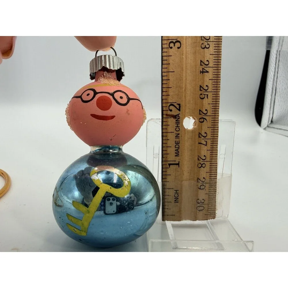 Vintage Shiny Brite Clown Grandparent Key Christmas Glass Ornament USA Pink Blue